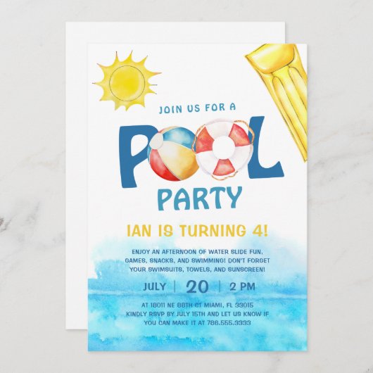 Zwembad Party Verjaardag Uitnodiging Leuk Water Zo (Voorkant / Achterkant)