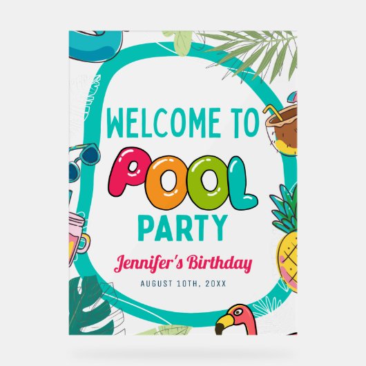 Zwembad Party Zwemmen Verjaardag Frosted Welkom Acryl Bord (Voorkant)