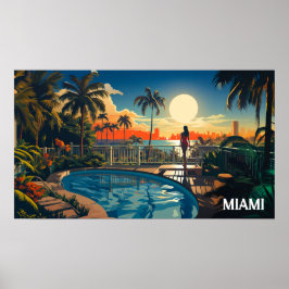 Zwembad patio bij zonsopgang met uitzicht op Miami Poster