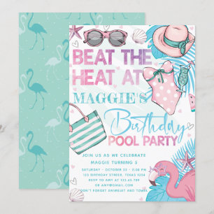 Zwembad Verjaardagsfeest Schattige Roze Turquoise Kaart