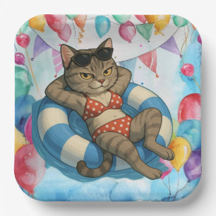 Zwembad verjaardagsfeest voor kattenliefhebbers papieren bordje