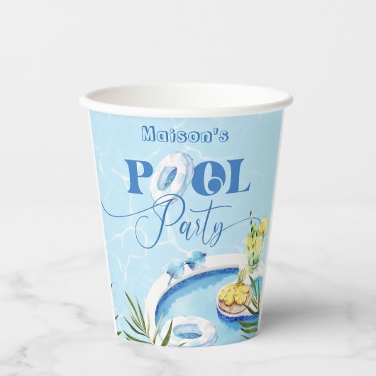 Zwembad verjaardagsfeestje blauw zwemmen papieren bekers (Voorkant)