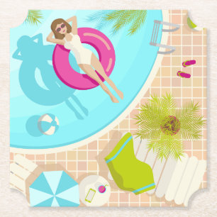 Zwembadfeest meisje in bikini zomerstrand kartonnen onderzetters