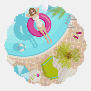 Zwembadfeest meisje in bikini zomerstrand ornament kaart