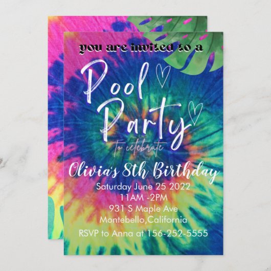 Zwembadfeest Tie Dye Uitnodiging Verjaardagsfeestj (Voorkant / Achterkant)