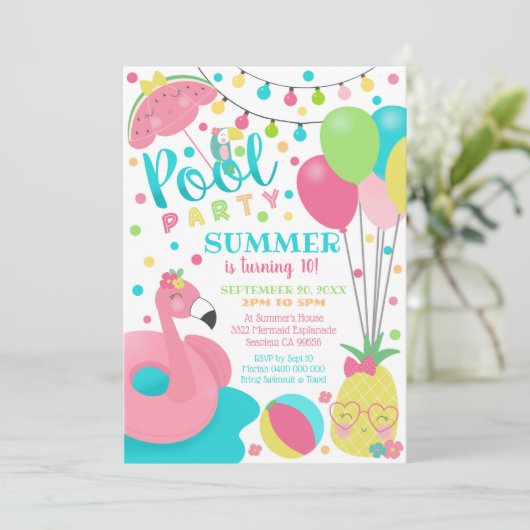 Zwembadfeest Uitnodiging Meisje Flamingo Drijver Z (Staand voorkant)