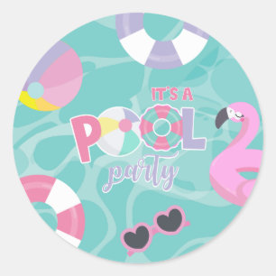 Zwembadfeestje Roze en paarse verjaardag meisje Ronde Sticker