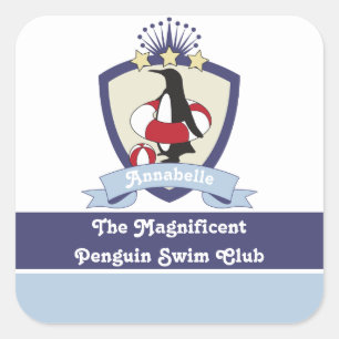 Zwemclub Crest Schattige Cartoon Pinguïn Kinderen Vierkante Sticker