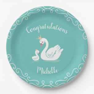 Zwemelen Baby shower Vogel met kroonthema Blauwgro Papieren Bordje