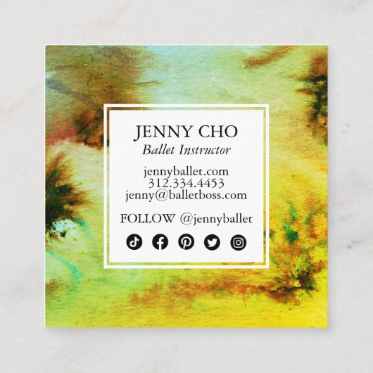 Zwemelen en Splashes Waterverf Abstract Kleurrijk Vierkante Visitekaartje (Achterkant)