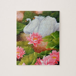 Zwemgans en lotusbloemen in het water legpuzzel
