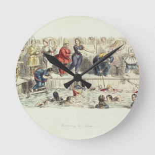 Zwemmen voor dames, 1844 (litho) ronde klok