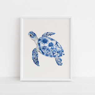Zwemmende Zee Schildpad – Coastal Blue op Beige Poster