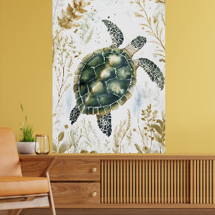 zwemmende zeeschildpad omringd door bloempatronen. poster