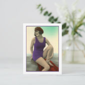 Zwemschoonheid in diep paarse badpak briefkaart (Staand voorkant)