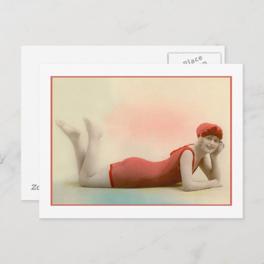 Zwemschoonheid in oranje rode badpak briefkaart (Voorkant / Achterkant)