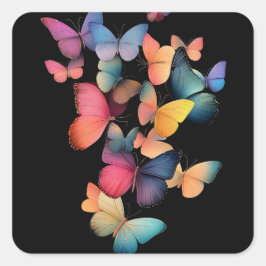 Zwerm van Vlinders - Kleurrijke Regenboog op Zwart Vierkante Sticker