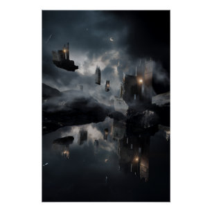 Zwevende gotische ruïnes Kosmische spiegel Nacht Perfect Poster