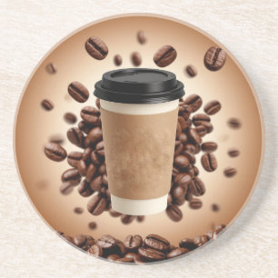 Zwevende koffiekop met koffiebonen zandsteen onderzetter