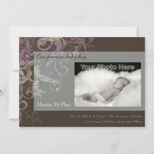 Zwirbruine baby bekendmaking aankondiging (Voorkant)