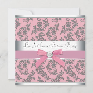 Zwirl Damask Pink and Grey Sweet 16 Party Kaart