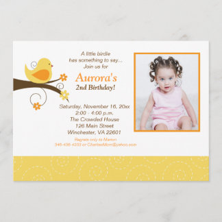 Zwirly Birds Trendy Yellow Foto Birthday Invite Kaart