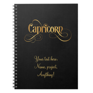 Zwirly Script Zodiac Sign Capricorn Gold op zwart Notitieboek