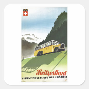 Zwitserland Alpine Bus Vintage Reizen Vierkante Sticker