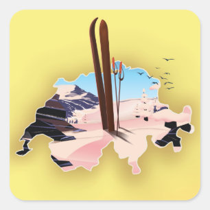 Zwitserland kaart Ski reisposter. Vierkante Sticker