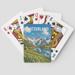Zwitserland Koeien Koe Illustratie Reis Kunst Retr Pokerkaarten