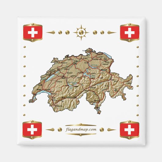 Zwitserland Map + Vlaggen Magnet Magneet (Voorkant)