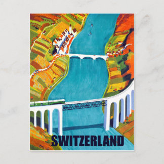 Zwitserland panorama, bruggen over meer, vintage briefkaart
