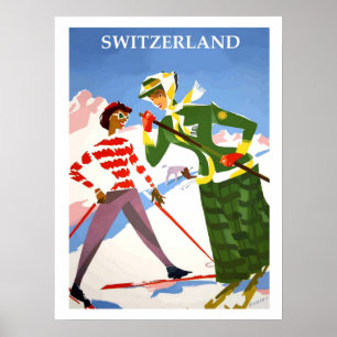 Zwitserland, twee vrouwen op een ski, vintage reis poster