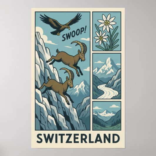 Zwitserse Alpen Wildlife Comic Poster (Voorkant)