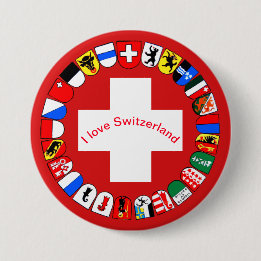 Zwitserse kantons en vlag ronde button 7,6 cm