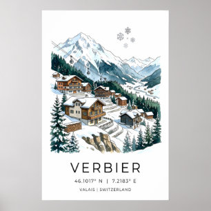 Zwitserse skidorp poster, besneeuwde chalets, kabe poster