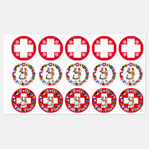 Zwitserse vlag, edelweiss, kantons en dansers labels