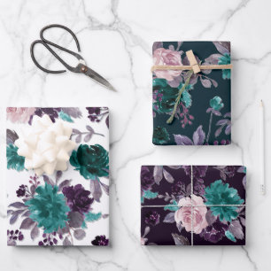 Zwoele Boho   Donker Paarse Aubergine Bloemmotief Inpakpapier Vel