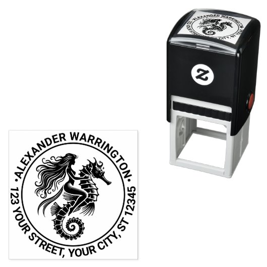 Zwoele Zeemeermin rijdt op zeepaard Naam Retouradr Zelfinktende Stempel (In situ)